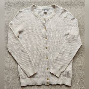 L.L. Bean Cable Knit Cardigan Sweater Womens M Cream Button Front Cotton Granny